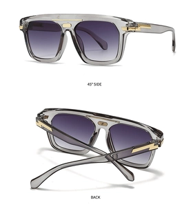 Macro detail of oversized retro sunglasses with purple gradient lenses and gold accents