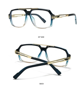 Détail de lunettes de soleil rétro à monture dégradée bleue avec branches dorées