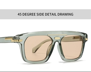 Detail view of translucent green sunglasses with golden lightning bolt metal temples