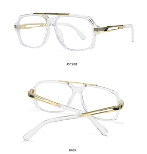 Détails des lunettes aviateur transparentes avec pont en métal doré et vue d'angle à 45 degrés