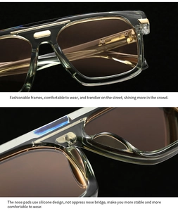 Detail of transparent green oversized sunglasses with gold metal bar and silicone nose pads