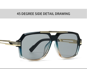 Détail de lunettes pilote avec branches dorées et monture dégradée bleue moderne
