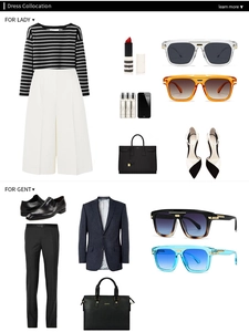 Flat lay of retro oversized sunglasses styled with chic men and women fashion outfits