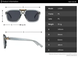 Detailed size chart for retro oversized men's PC sunglasses showing dimensions and weight
