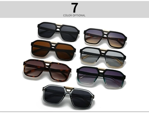 Flat lay of retro oversized aviator sunglasses showing seven color variants with dual bridge