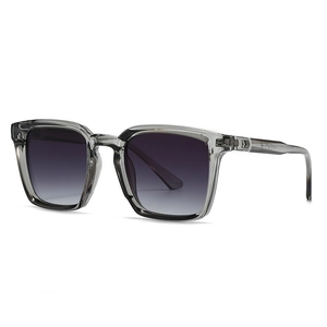Classic square sunglasses with transparent grey frame and purple gradient lenses