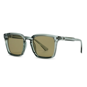 Classic square transparent grey frame sunglasses with brown lenses and arrow metal accent