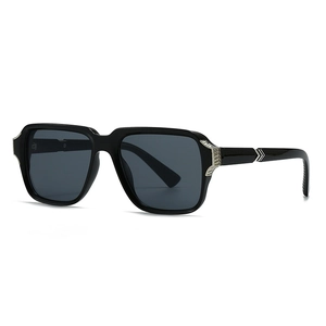Classic black square sunglasses with silver metal accents and grey lenses on white background