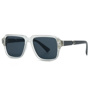 Square translucent grey frosted sunglasses with arrow metal rivets on white background