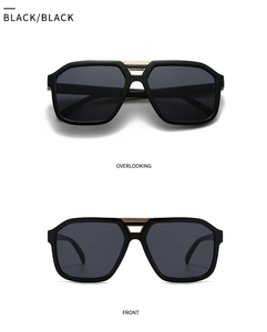 Detailed front and top views of retro oversized sunglasses with gold bridge accents