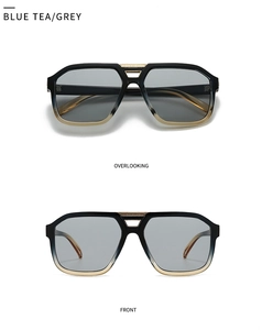 Macro detail of retro aviator sunglasses with gold metal grid on bridge and gradient frames