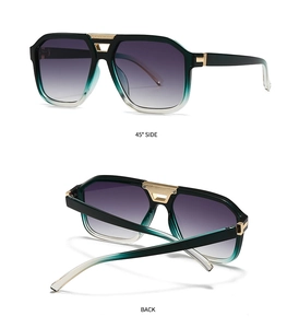 Detailed views of pilot sunglasses with green gradient frames and gold metal accents