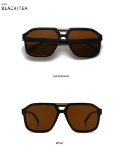 Detailed views of retro black square sunglasses with textured gold nose bridge bridge