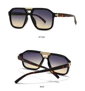 Detail views of retro oversized sunglasses with tortoiseshell temples and gold metal accents