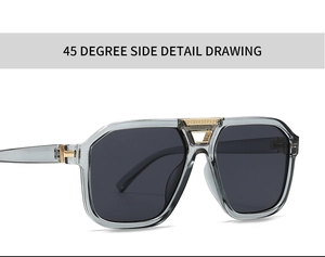 45-degree side view of modern retro oversized sunglasses with transparent grey frame and gold accents