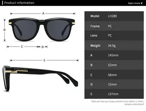 Detaillierte Größenangaben für moderne Retro-Sonnenbrille mit dickem Rahmen LH280