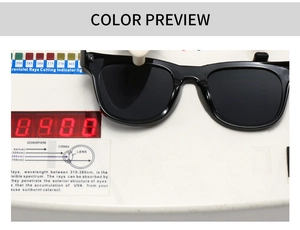 Detail der UV400-Schutzprüfung der modernen Vintage-Sonnenbrille in Schwarz