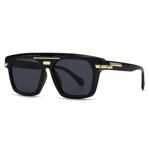 Modern oversized square sunglasses with black frames and gold metal temple accents