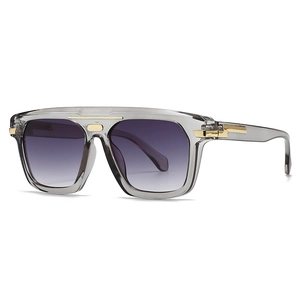 Modern oversized square sunglasses with transparent grey frames and purple gradient lenses
