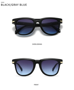 Details moderner quadratischer Sonnenbrille mit schwarzem Rahmen, blauem Verlauf und Goldakzenten