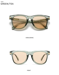Details einer grünen quadratischen Sonnenbrille mit goldfarbenen Metallscharnieren