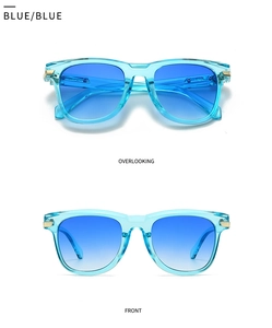 Detailansicht der modernen Oversize-Sonnenbrille mit blauem Rahmen und Goldakzenten
