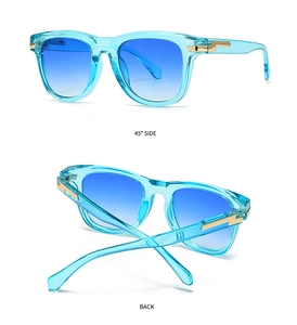 Detailansicht der hellblauen transparenten Sonnenbrille mit goldenen Metallakzenten