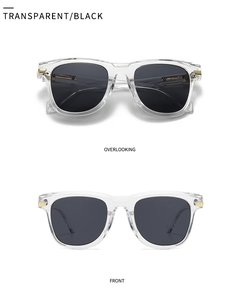 Zweifachansicht der transparenten quadratischen Sonnenbrille mit schwarzen Gläsern und Gold