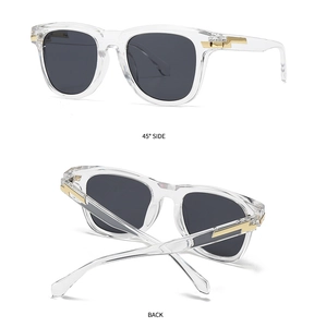 Detail der transparenten Sonnenbrille mit goldenem Blitzscharnier und 45-Grad-Seitenansicht
