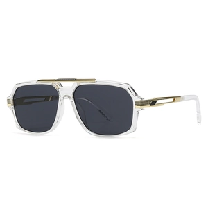 Lunettes de soleil carrées modernes avec monture transparente et détails dorés