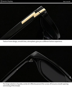 Detailansicht der verstärkten Scharniere und goldenen Blitze an der schwarzen Sonnenbrille