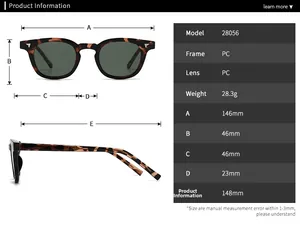 Detailed size chart and specifications for vintage retro tortoiseshell PC sunglasses