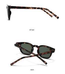 Detailed views of tortoise shell round sunglasses showing the 90-degree side and back