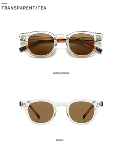 Front and top view of transparent frame sunglasses with tea lenses and retro square design