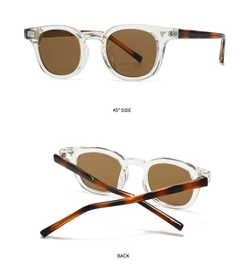 Detail views showing the 45-degree side and back of retro transparent tortoiseshell sunglasses