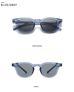 Detailed front and overlook views of blue-gray sunglasses with gold arrow studs