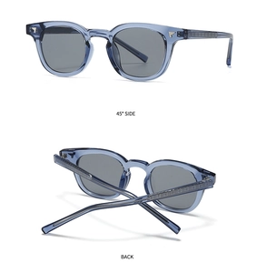Detail view of blue transparent sunglasses with wing rivets and embossed floral temple patterns