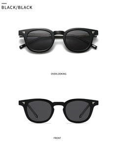 Detailed close-up of retro black sunglasses with iconic silver wing metal accents