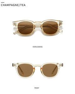 Detail view of champagne translucent sunglasses with tea lenses from multiple angles