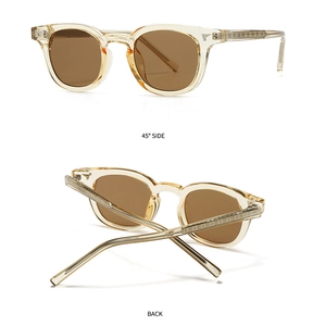 Detail of retro champagne sunglasses showing metal hinge carving and side view