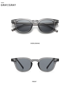 Front and top view of retro translucent gray sunglasses with silver wing accents