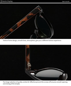 Detail showing high-quality metal hinge and brown tortoiseshell texture on the sunglasses frame