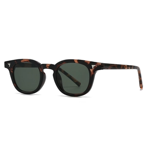 Retro tortoise shell sunglasses with dark green lenses and silver feather rivets