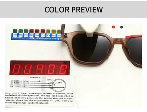 Close-up of retro round sunglasses undergoing UV400 protection testing on lab equipment