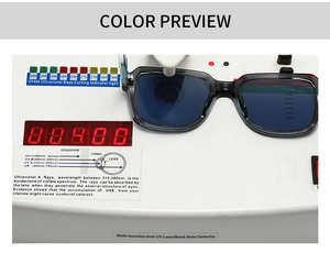 Testing UV400 protection on polygon sunglasses with a professional UV detector device