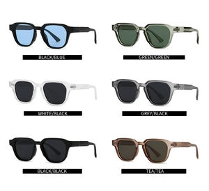 Collection of modern retro square sunglasses in six color variations on white background