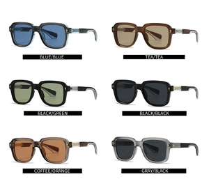 Detailed view of six stylish square sunglasses in various lens and frame color options