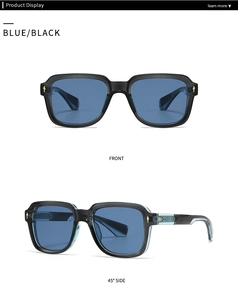Front and 45-degree side views of polygon sunglasses with blue lenses and black frames