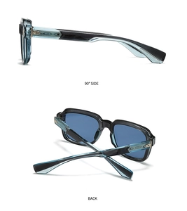 Detail view of stylish polygon sunglasses showing 90-degree side and back structural frame