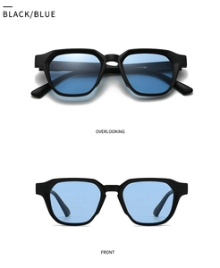 Front and top view of matte black geometric sunglasses with light blue lenses